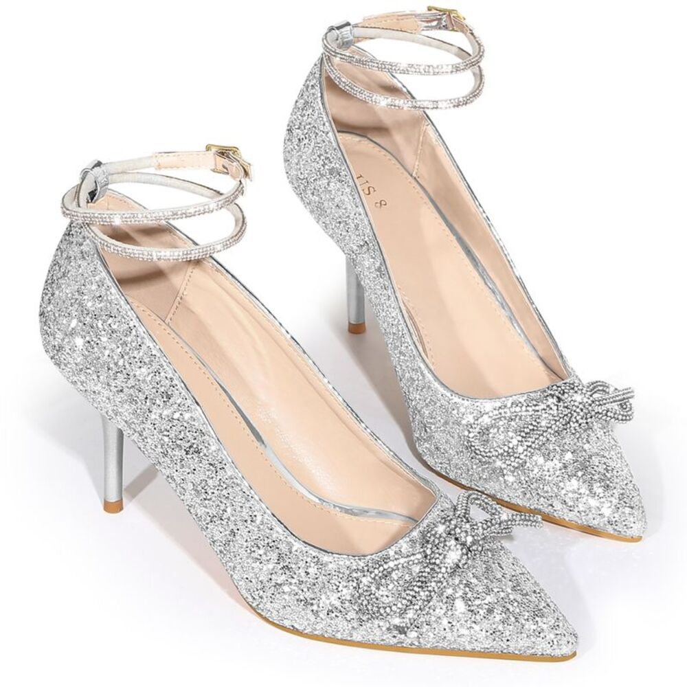 Rhinestone Bow Glitter Pointed Toe Stiletto Heel Pumps Silver